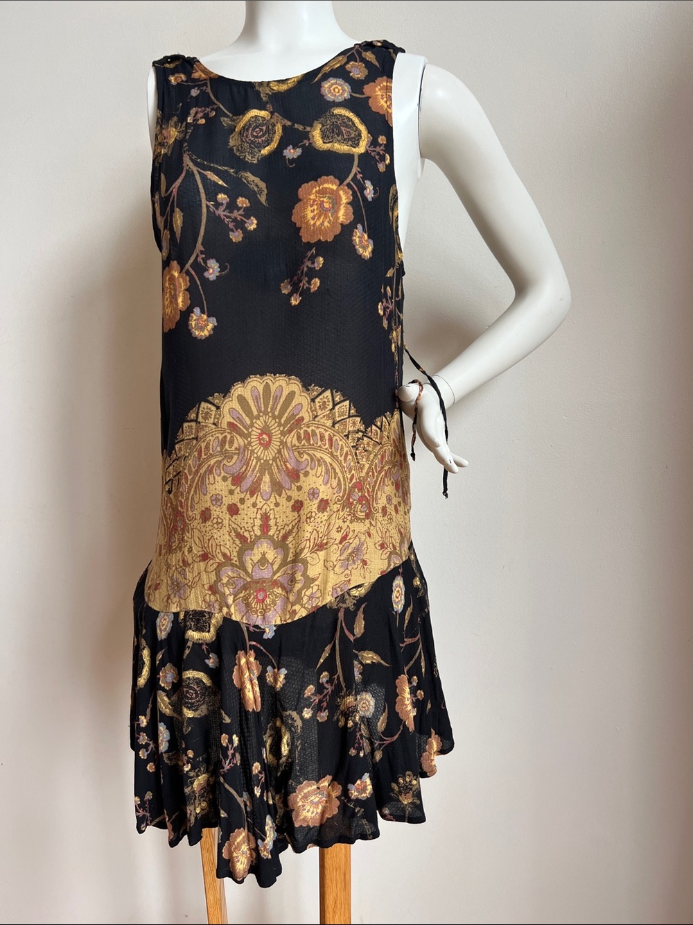 Free People Black mini Dress with Gold Floral Accents